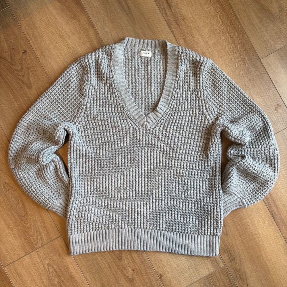 J.Crew Womens Large Chunky Grey Waffle Knit V-Neck 100% Cotton Sweater Preppy